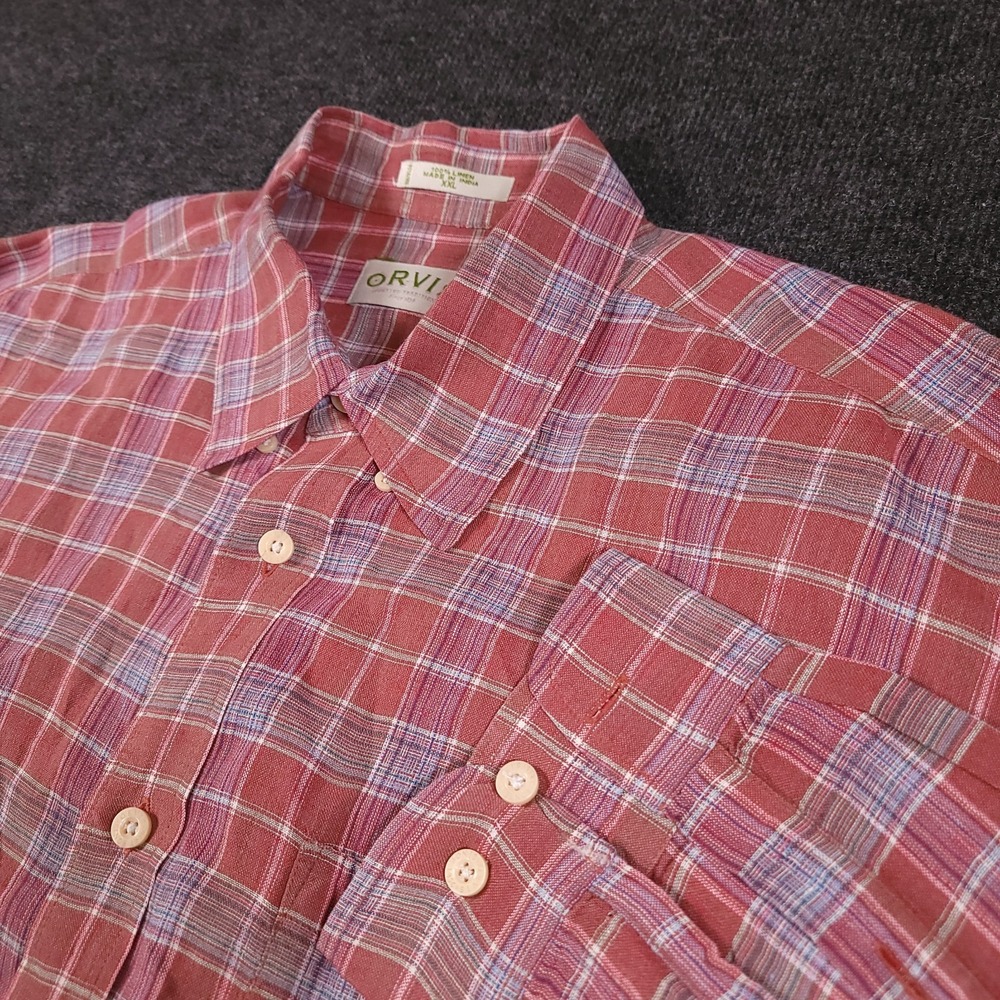 Orvis Red Plaid Linen Button Front Shirt XXL Long Sleeve Casual‎ Made in India